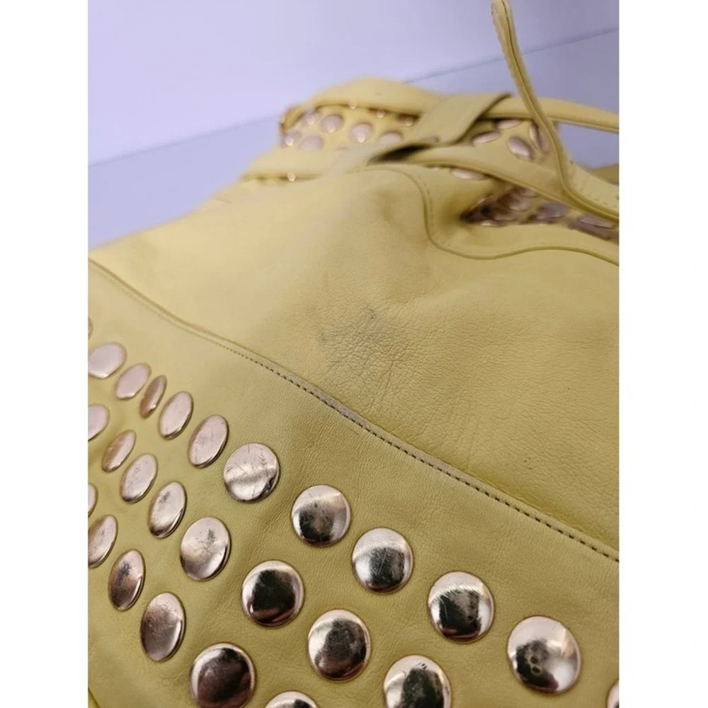 Rebecca Minkoff Devote Tote Leather Hobo Bag Yellow Studded Moto Edgy Y2K Boho ~